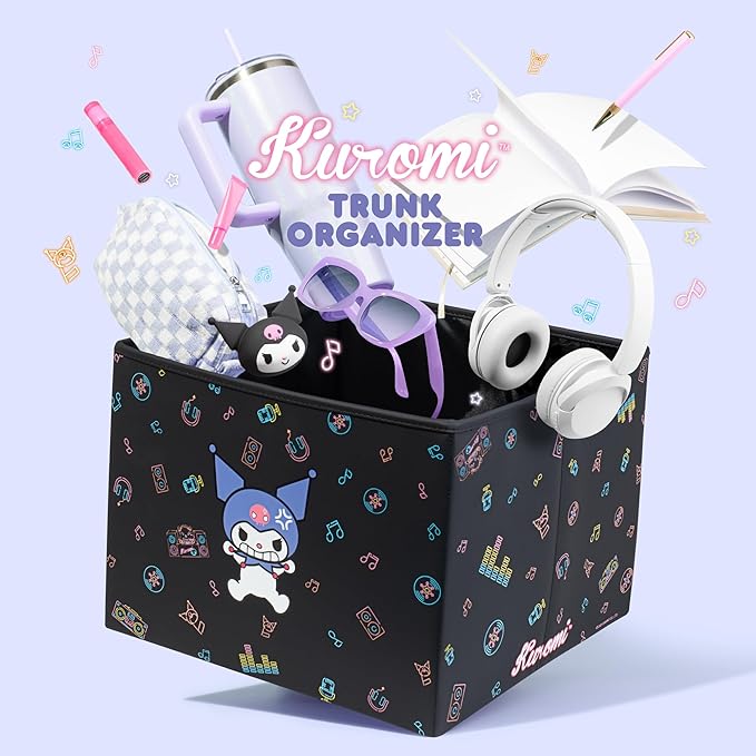 Sanrio Kuromi Car Trunk Organizer, Steering Wheel Cover, Air Freshener & Refill – Cute, Collapsible, Heavy-Duty Storage & Car Accessories for Groceries, Tools, Travel – 12.5"L x 12.5"W x 9"H