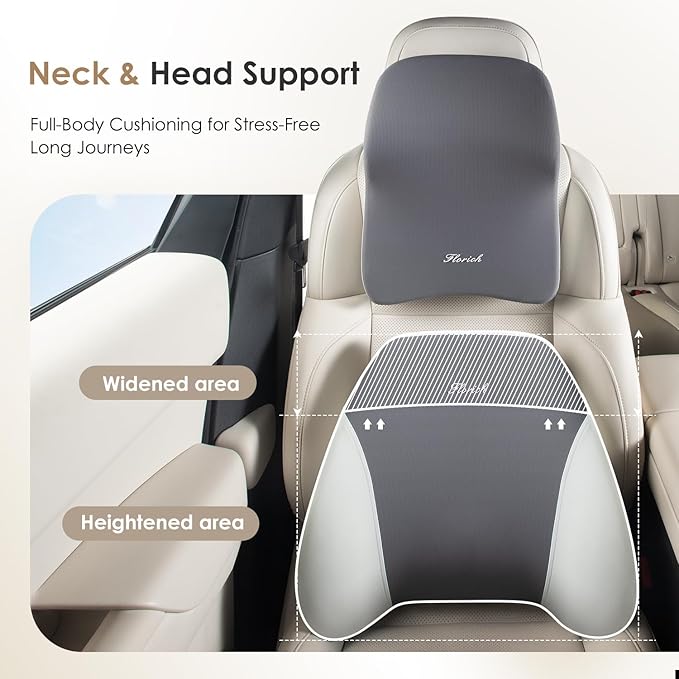 FLORICH Upgraded 3-in-1 Memory Foam Car Seat Cushion Set with Lumbar Support & Neck Pillow, Washable Driving Seat Cushion for Back & Sciatica Pain Relief, Non-Slip Seat Cushion for Car, Office-Gray