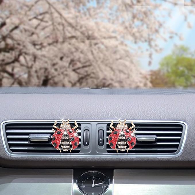 Ladybug Car Accessories,2pcs Red Bling Lady bug Air Vent Clips Car Air Freshener,Cute Dashboard Decorations Gift for Women,Girly Refillable Diffuser with Felt Pads