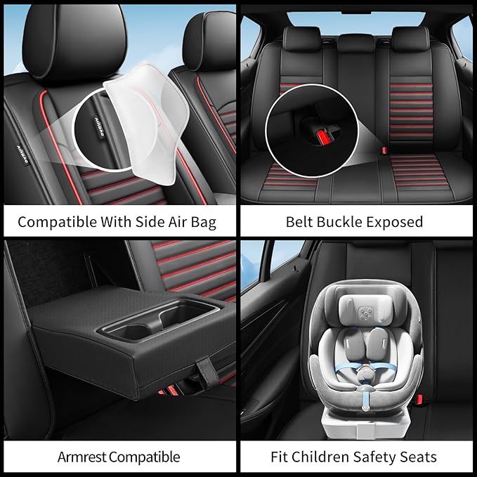 Fit RAV4 Car Seat Covers Set for Toyota RAV4 2019-2024 2025 Hybrid SE/XSE/LE/XLE/XLE Premium/Limited Automotive Cushion Protector Replacement, Waterproof Faux Leather(Black+Red)