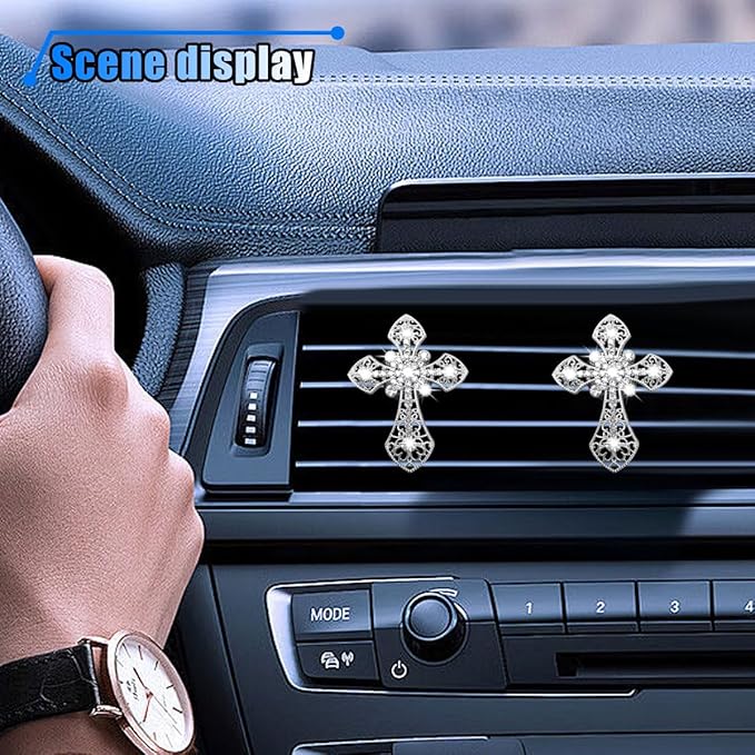 Bling Car Dashboard Air Vent Trim Clips, Crystal Rhinestone Air Vent Clips, Car Interior Decoration Accessories, Cross Air Conditioning Outlet Clip for Women Girls (Silver, 2PCS)
