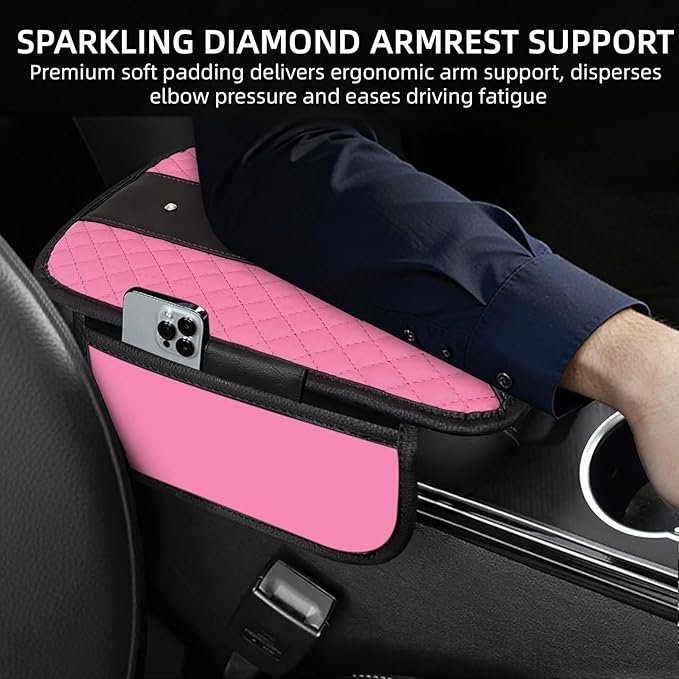 NBTEPEM Bling Crown Car Center Console Armrest Cover, Leather Middle Console Cover Cushion with 2 Storage Bags, Car Armrest Storage Box Interior Accessories for Most Vehicles(Pink)