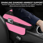 NBTEPEM Bling Crown Car Center Console Armrest Cover, Leather Middle Console Cover Cushion with 2 Storage Bags, Car Armrest Storage Box Interior Accessories for Most Vehicles(Pink)