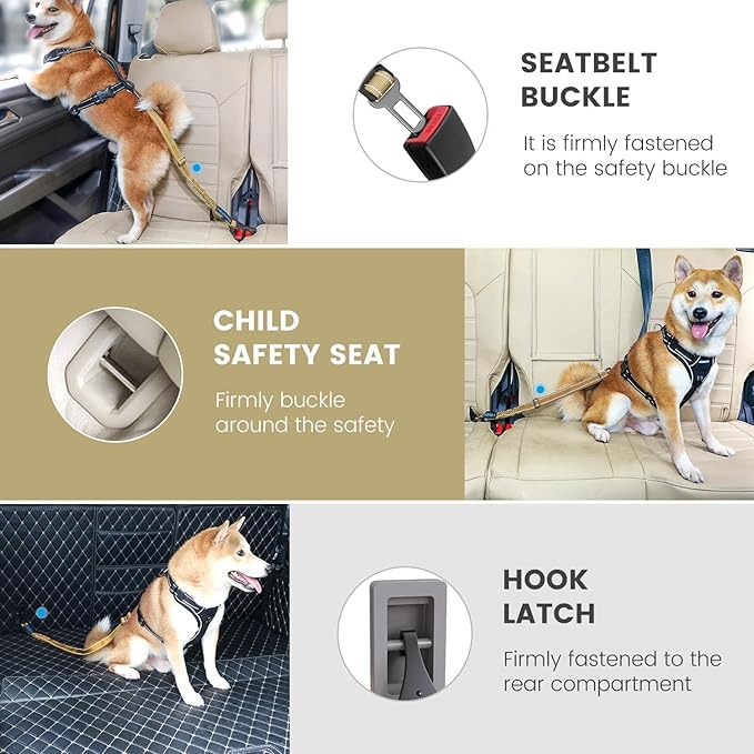 IOKHEIRA Dog Seat Belt 3-in-1 Car Harness for Pets Adjustable Safety Seatbelt Nylon Reflective Bungee Fabric Dog Car Harness with Clip Hook Latch & Buckle, Swivel Zinc Alloy Carabiner (Green)
