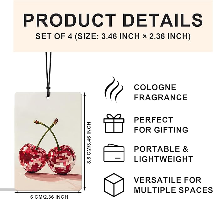 Trendy Coquette Disco Ball Fruit Car Air Freshener 4 Pcs, Funky Glitter Cherry Lemon Orange Strawberry Air Freshener Hanging for Cars Books Closet Drawer, Girly Car Accessories for Women
