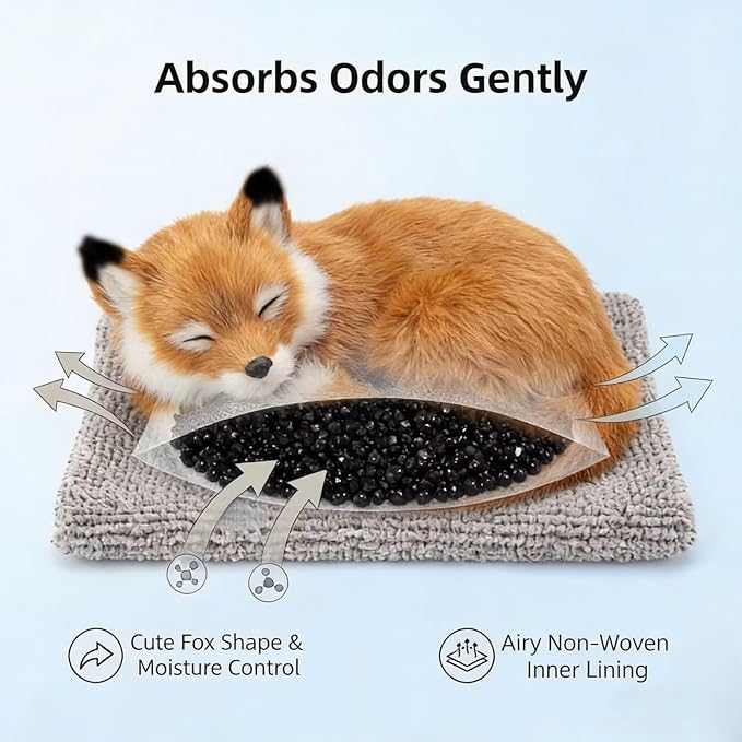 Sleeping Fox Bamboo Charcoal Bag - Realistic Plush Animal Odor Eliminator and Moisture Absorber for Car, Home, Closet - Soft Decorative Fox Figurine