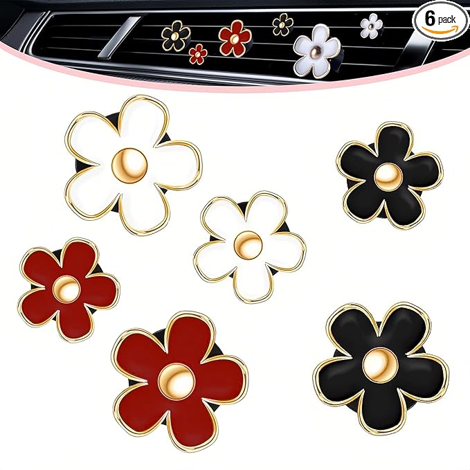 6 Pack Colorful Daisy Flower Car Air Vent Clips Car Air Outlet Freshener Clip for Car Interior Decoration Accessories (Black, White, Red)