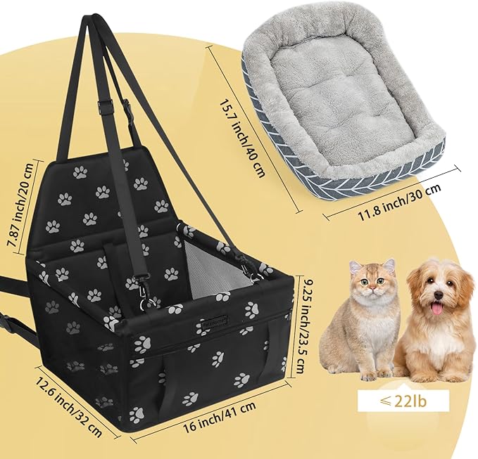PetsHome Dog Car Seat Foldable Dog Car Booster Seat Waterproof Breathable Oxford Travel Bag for Small to Medium Dogs, Puppies, and Pets-Footprint Black+Mat