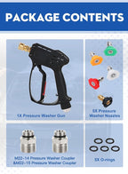 Short Pressure Washer Gun, 5000 PSI Max Swivel High Pressure Washer Extension Wand with 5 nozzles, M22 14MM Swivel Connect & M22 15MM, Car Wash Kit Power Washer Gun for Cars, Driveway, Yard, Fence