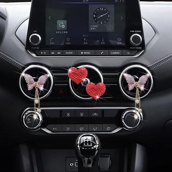 4 Pcs Pink Bling Butterfly and Heart Car Air Fresheners Vent Clips Diffuser Vent Clip Rhinestone Diamond Decoration Car Interior Decor Cute Accessories for Women, Automotive Air Fresheners (Red, 2)