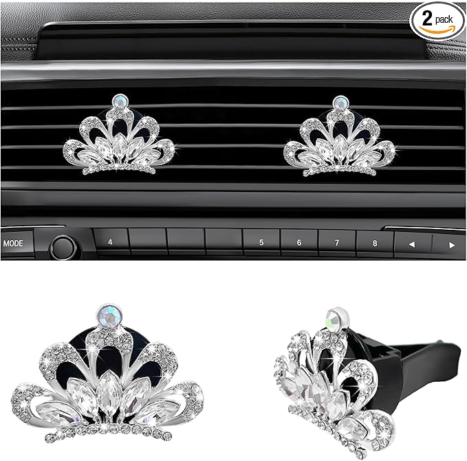 Augeny 2PCS Bling Car Air Vent Clips, Crystal Rhinestone Crown Air Freshener Outlet Diffuser Clip, Auto Air Conditioning Clip Charm for Women Girls, Interior Decor Car Accessories (White)