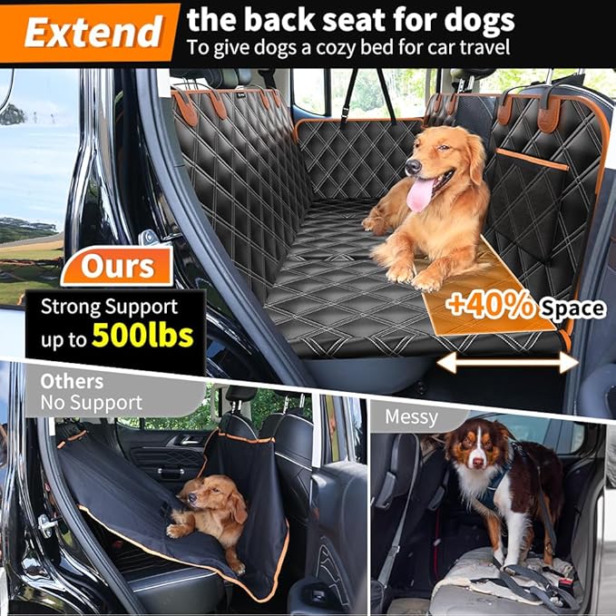 KYG Back Seat Extender for Dogs, Hard Bottom Dog Car Seat Cover for Back Seat Waterproof with Mesh Window and Storage Pocket, Dog Hammock for Cars & SUVs