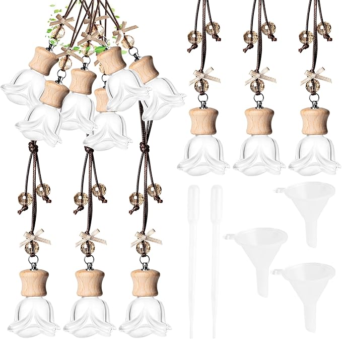 6 Pack Leak-Proof Hanging Car Diffuser - 8ml Refillable Empty Bottles with Wood Caps, 3 Funnels & 2 Droppers - Essential Oil Air Freshener for Car, Home or Office (6, Rose)