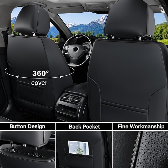 Coverado Car Seat Covers Front Seats, Nappa Leather Front Seat Covers, Waterproof Car Seat Cushion, Black Seat Covers Car Seat Protector Interior Accessories Fit for Most Cars