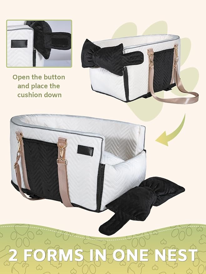 Small Dog Car Seat, Portable Dog Seat with Soft Washable Cushion,Center Console Dog Car Seat for Small Dogs Up to 13lbs(White)