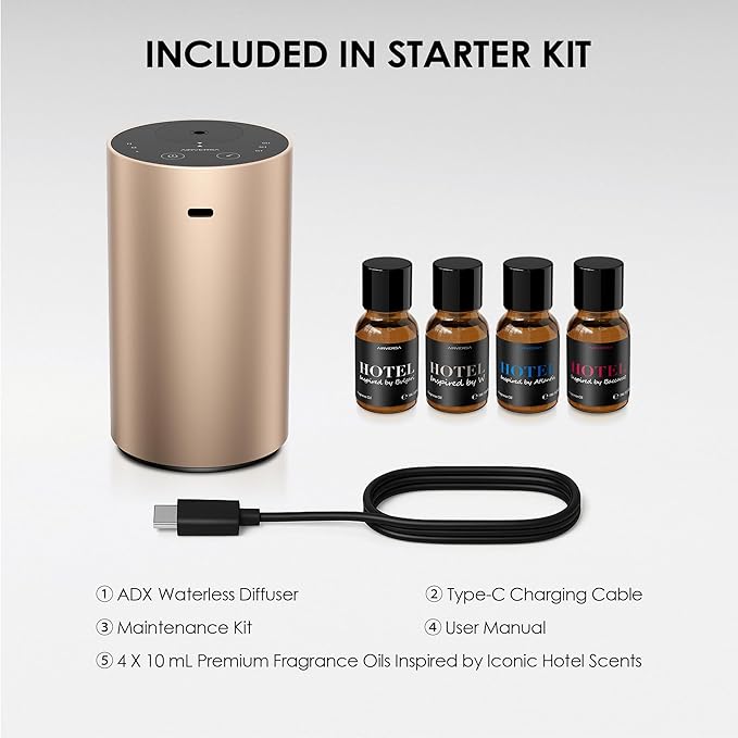 Airversa Waterless Essential Oil Diffuser Starter Kit with 4 x 10mL Hotel Scent Fragrance Oil, Aluminum Housing, Battery Operated Mini Scent Air Portable Diffuser for Home Car Office, ADX Kit Titanium