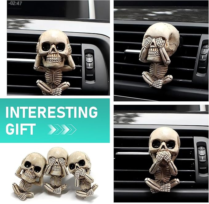 3 PCS Skull Car Air Fresheners Vent Clips, Halloween Decor, Air Conditioner Outlet Diffuser, Horror Car Decorations Accessories