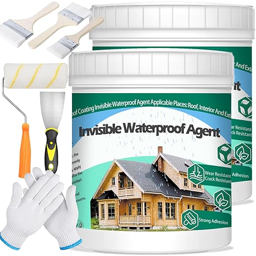 2Kg/70.5Fl.oz Invisible Waterproof Agent Indoor&Outdoor Waterproof Coating Set Transparent Liquid Sealant with Wooden Brush Resistant Work Gloves Putty Knife Cut Paint Roller