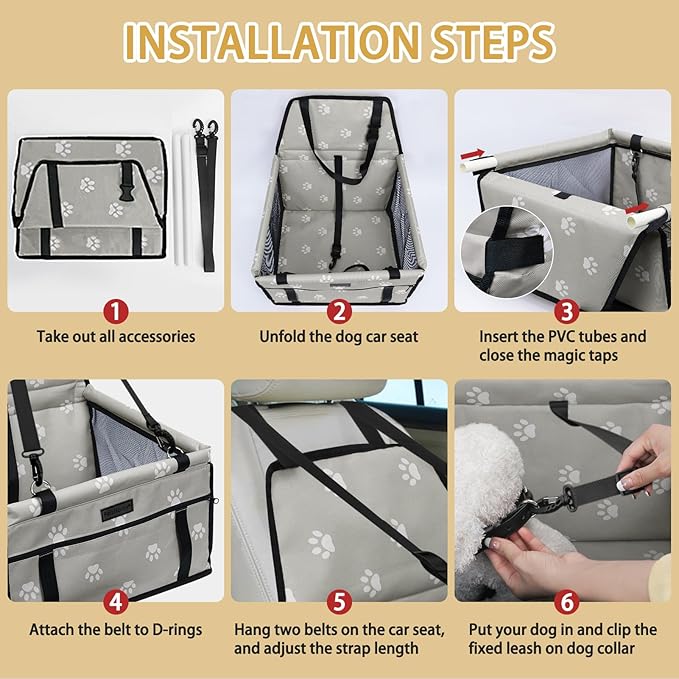 PetsHome Dog Car Seat Foldable Dog Car Booster Seat Waterproof Breathable Oxford Travel Bag for Small to Medium Dogs, Puppies, and Pets-Footprint Grey