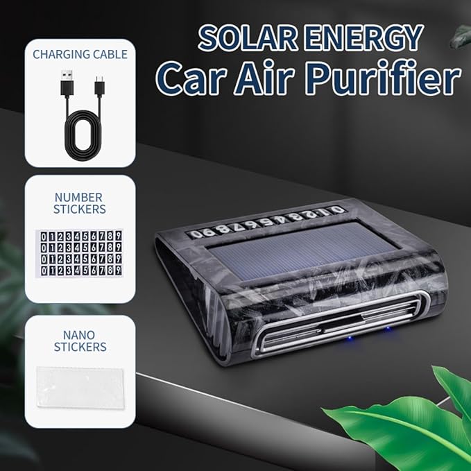 Solar-Powered Car Air Purifier with USB Charging & Ozone Odor Elimination - Portable HEPA Filter-Free Ionizer for Smoke, Pet Odors, VOCs - Compact, Silent, Best for Car Use (8819 carbon fiber)