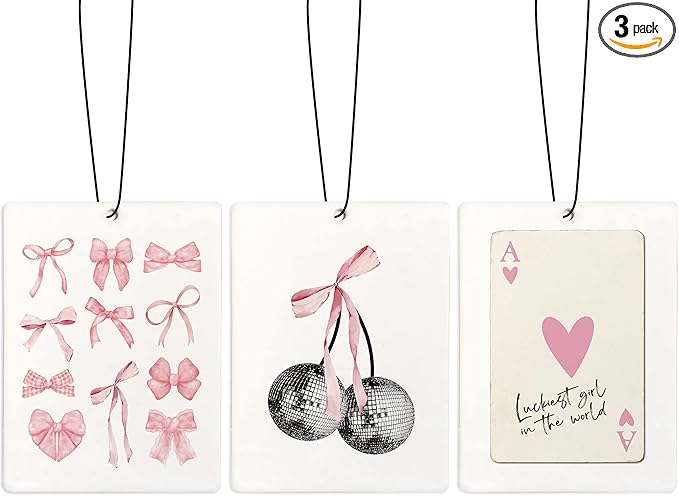 Cute Coquette Pink Bow Car Air Freshener, Preppy Y2K Disco Ball Cherry Ace Card Air Freshener Hanging 3 Pcs for Cars Closet Drawer or Books, Girly Preppy Car Accessories Mirror Decor for Women