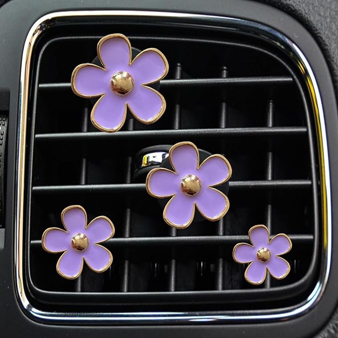 Daisy Air Vent Clips, 4 Pcs Cute Flower Car Air Conditioning Outlet Clip Car Air Freshener Clip Charm Car Inter Decor Accessories for Women (Purple)