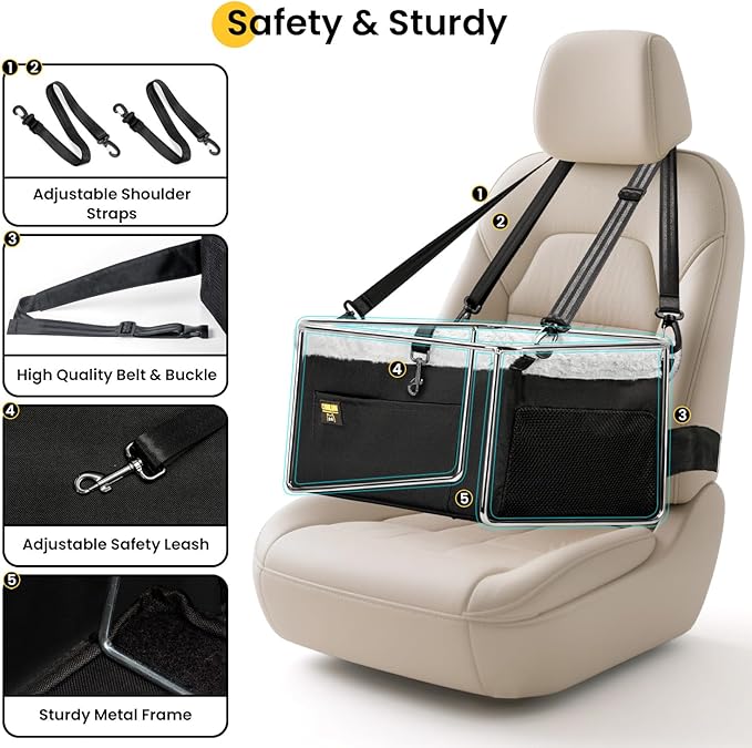 Dog Car Seat Booster for Small Pet Under 20lbs, Portable Travel Puppy Car Seat with Internal Steel Frame, Comfort Cushion & Storage Pockets, Adjustable Straps Fit Most Cars, Black