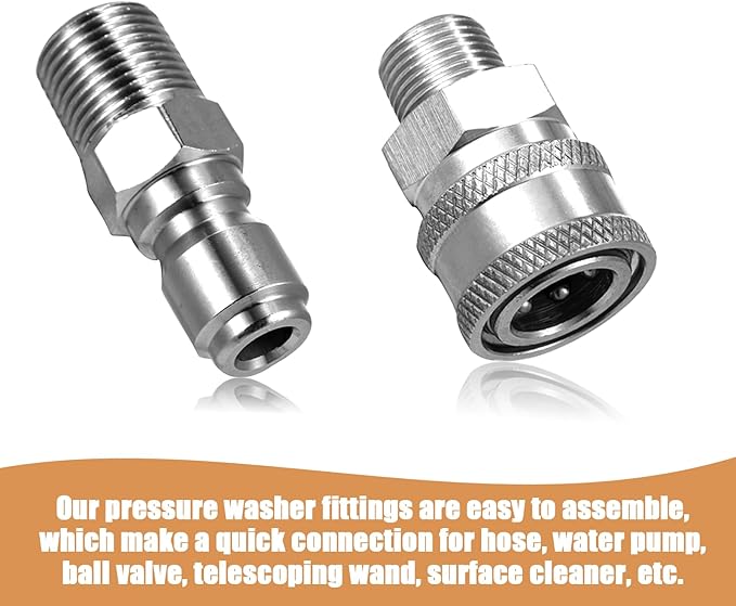 4 Sets NPT 3/8 Inch Pressure Washer Coupler Quick Connect Plug Stainless Steel Male and Female Quick Connect Fittings Pressure Washer Adapter Set (Internal Thread, External Thread)