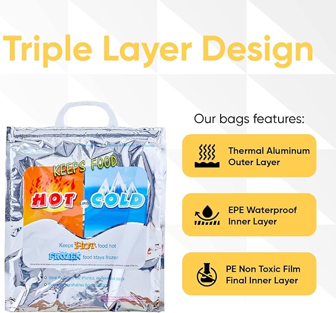 Superio Hot and Cold Insulated Bags for Food Delivery, Grocery Shopping Bags, Food Storage for Hot and Frozen Food for Travel, Disposable Cooler Bag, Reinforced Thermal Lunch Bag (2, 13.5"x17.5")