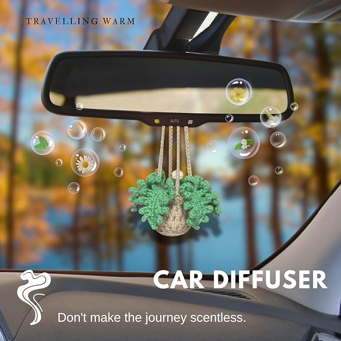 Handmade Crochet Car Air Freshener - Adorable Bendable Fern Plant with 8ml Empty Refillable Oil Diffuser Bottle, Suitable for Car Rearview Mirror Hanging, Home & Office Decor