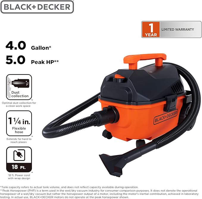 BLACK+DECKER Shop Vacuum Wet and Dry, 4 Gallon 5.0 Peak HP Wet/Dry Vacuum, Quiet Operation with Muffler, Long Reach Cleaning Range & On-Board Storage, Complete Accessory Set, BDXV18905P-4