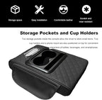 Car Center Console Armrest Pillow, Multifunctional Armrest Box Cover with Cup Phone Tissue Holder & Side Pockets, Waterproof Leather Middle Console Cushion for Most Vehicles (Black, Embroidered)