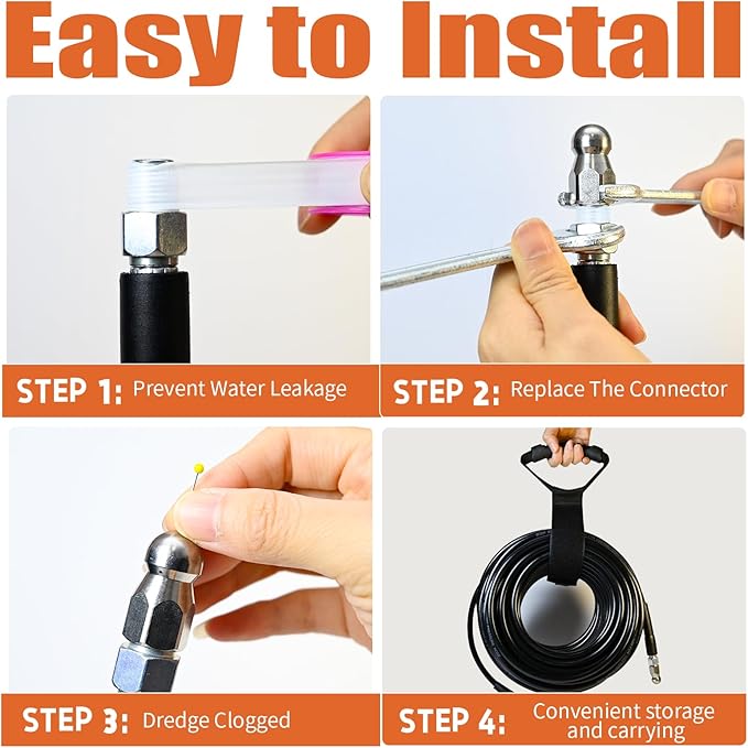 Sewer Jetter Kit for Pressure Washer, 100FT Drain Cleaner Hose 5800PSI with 1/4 Inch NPT Corner, Rotating Nozzle and 4 Different Button Nose Sewer Jet Nozzles, Waterproof Tape and 2 Spanners (Black)