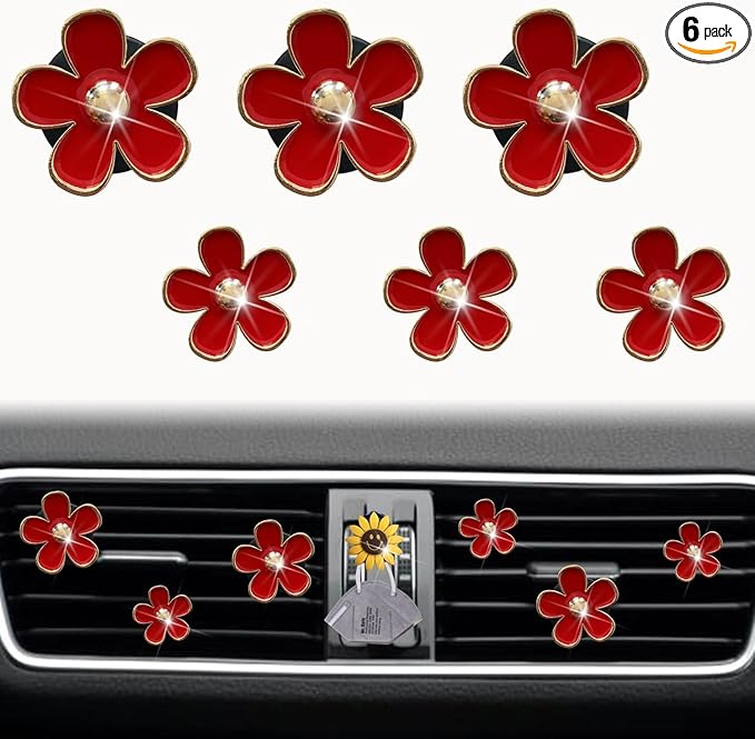 6 Pcs Red Cute Daisy Air Vent Clips, Flower Outlet Clip Car Air Fresheners with Mask Hook, for Car Interior Decoration Accessories Decor Charm Bling Car Accessories Decoration for Women