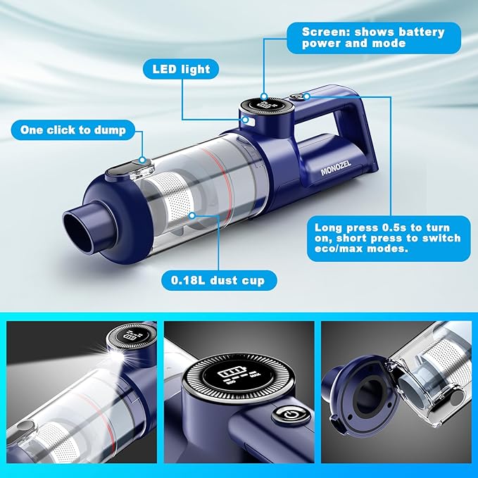 Handheld Vacuum Cordless - Car Vacuum Cleaner with Brushless Motor, 15kPa Powerful Suction Vacuum with LED Light, Type C Port, 2 Fliters, Portable Hand Vacuum for Home, Pet and Car