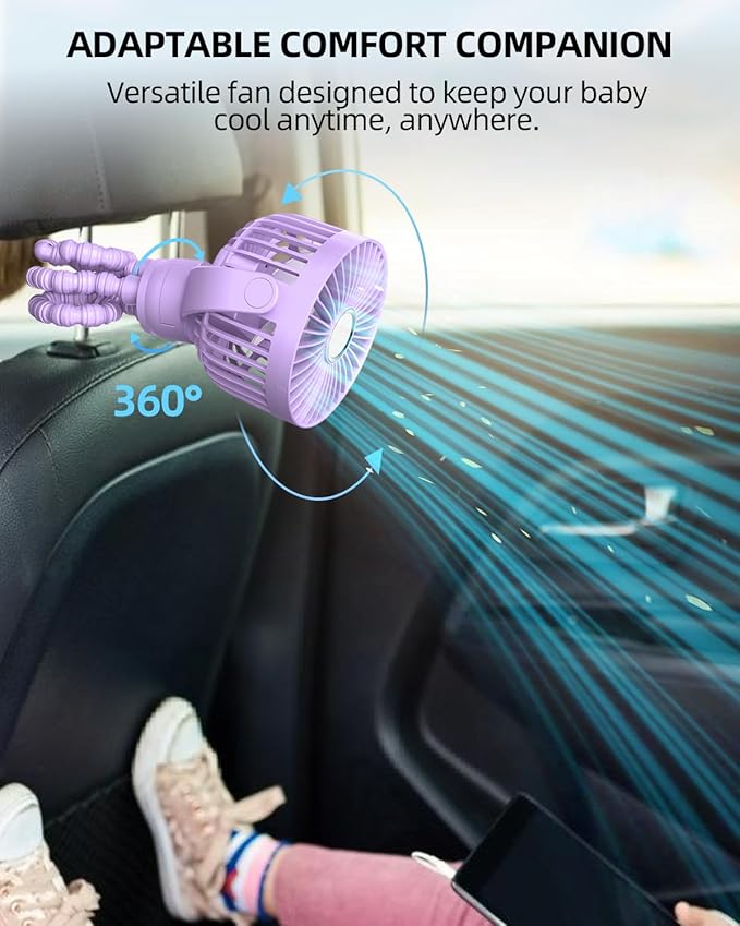 Portable Stroller Mini Fan, Small Rechargeable Personal Fan, Travel Essentials for Baby, Wagon, Car Seat, Treadmill, Battery Powered Biking Gear Accessories, 360° Rotation, 3-Speed, Display