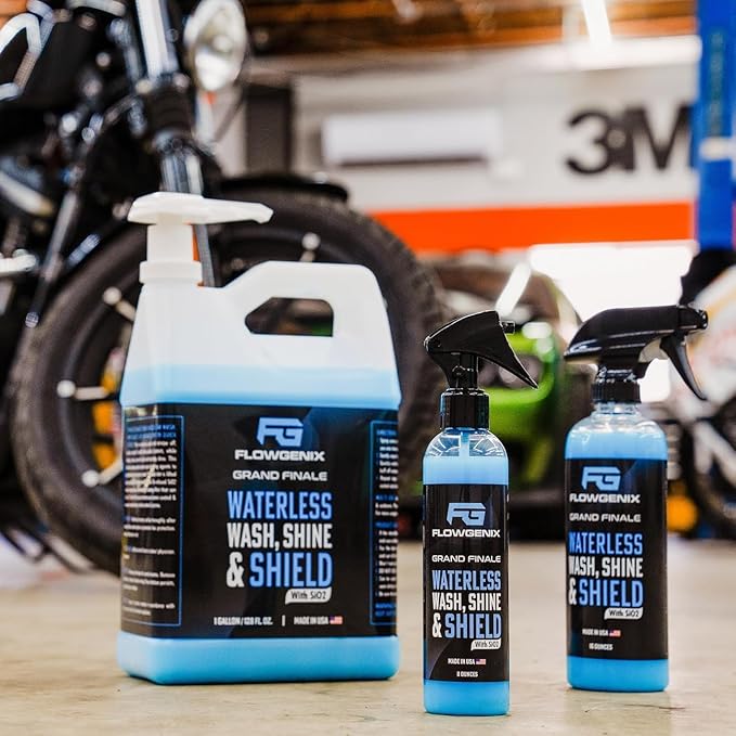Flowgenix™ Waterless Car Wash Spray - Grand Finale - Motorcycle Cleaner & Car Wax Spray Polish (8 oz) - Ceramic Coating - Incl. 2 Microfiber Towels - Quick Detailer Spray (3-Pack)