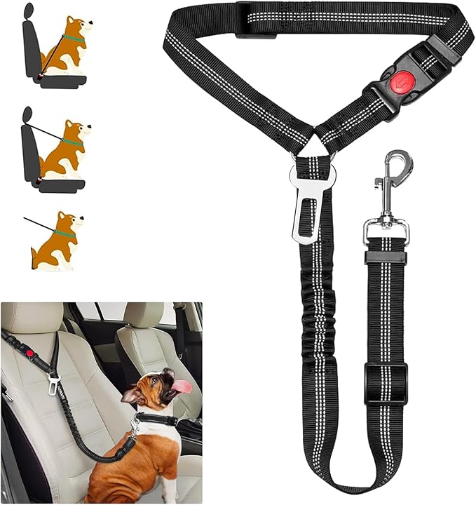 Removable Dog Seat Belt Harness for Car, 3 in 1 Pet Car Seatbelt Leash, Retractable Restraint Secures to Vehicle Headrest & Adjustable Reflective Dog Seatbelt Tether (Black, 1pcs)