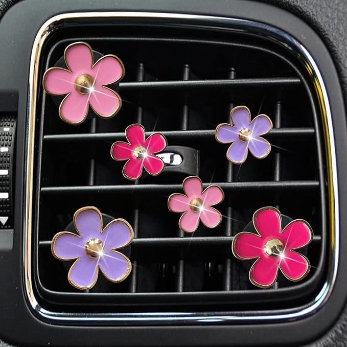 Daisy Air Vent Clips, 6 Pcs Cute Flower Car Air Conditioning Outlet Clip Car Air Freshener Clip Charm Car Interior Decor Charm Colorful Car Interior Accessories for Girls Women (Pink purple rose)