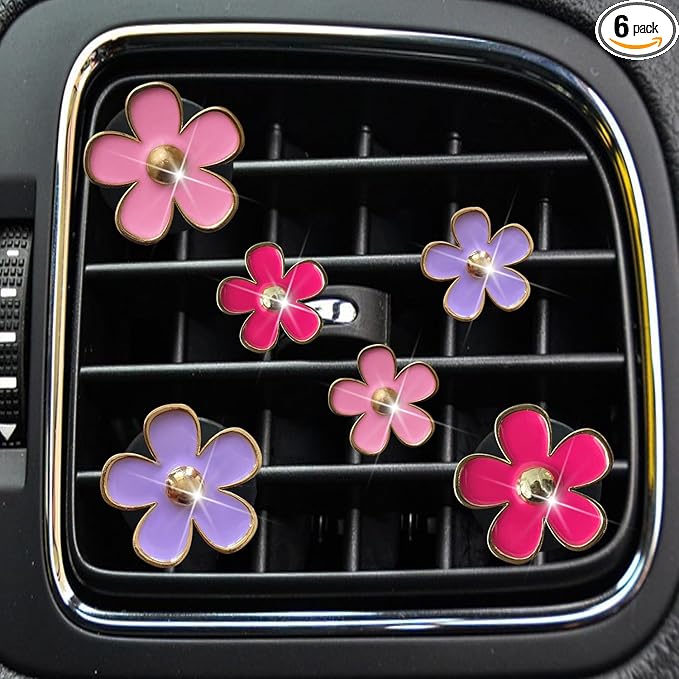 Daisy Air Vent Clips, 6 Pcs Cute Flower Car Air Conditioning Outlet Clip Car Air Freshener Clip Charm Car Interior Decor Charm Colorful Car Interior Accessories for Girls Women (Pink purple rose)