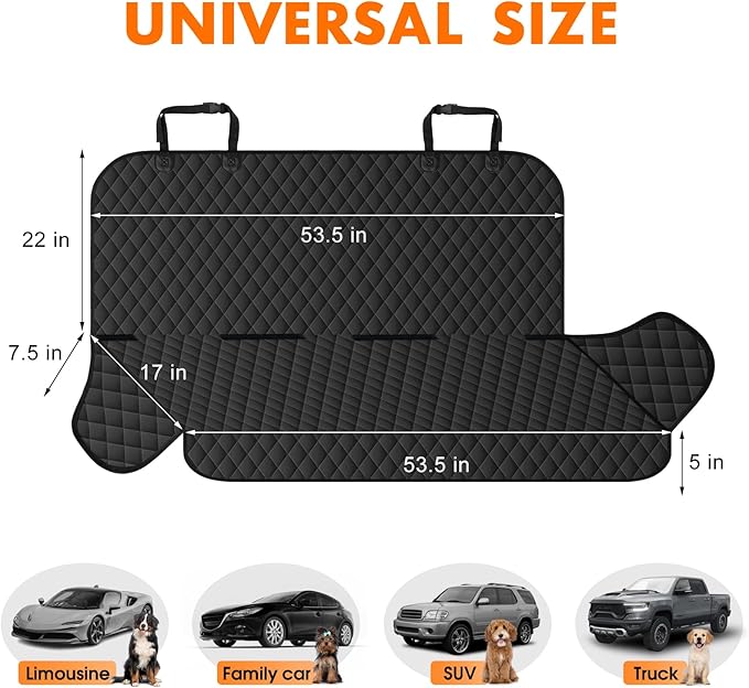Backseat Cover for Dogs, Waterproof and Non-Slip Pet Bench Seat Covers, Car Seat Protector for Back Seat, Universal Size Rear Car Seat Cover Fits Cars, Trucks and SUVs, M-Black
