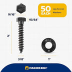 3/8 x 2 (50 Pack) Lag Screw Kit, 50 Screws and 50 Washers, Ceramic Black Ruspert Coating for Exterior Use, Meets ASTM A307 and ASME B18.2.1, Industrial/Commerical Grade by Makers Bolt