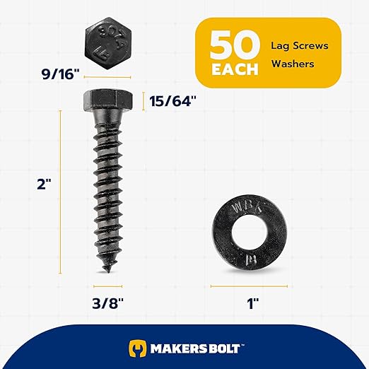 3/8 x 2 (50 Pack) Lag Screw Kit, 50 Screws and 50 Washers, Ceramic Black Ruspert Coating for Exterior Use, Meets ASTM A307 and ASME B18.2.1, Industrial/Commerical Grade by Makers Bolt