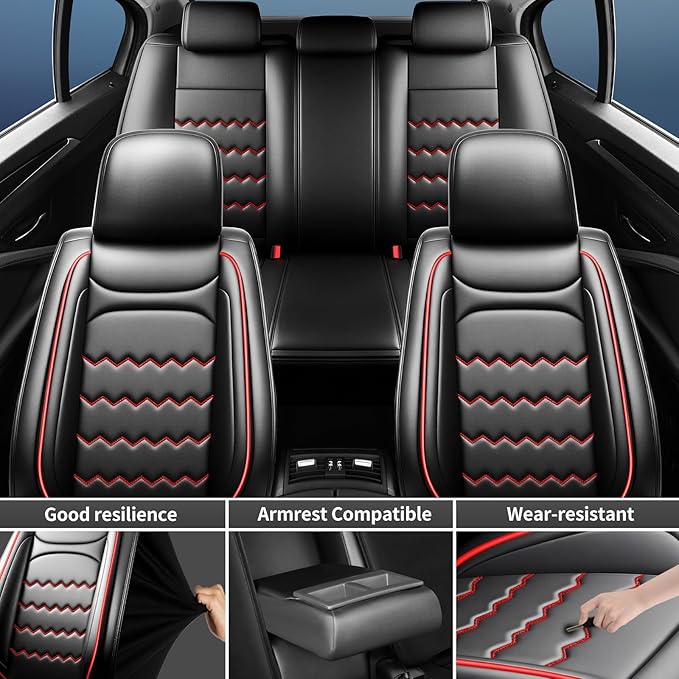 CX-90 Car Seat Covers Fit for Mazda CX-90 2007-2026, Full Coverage Premium Leather Waterproof Breathable Seat Covers Full Set, Automotive Seat Protectors, Airbag Compatible(5 Seats, Black Red)