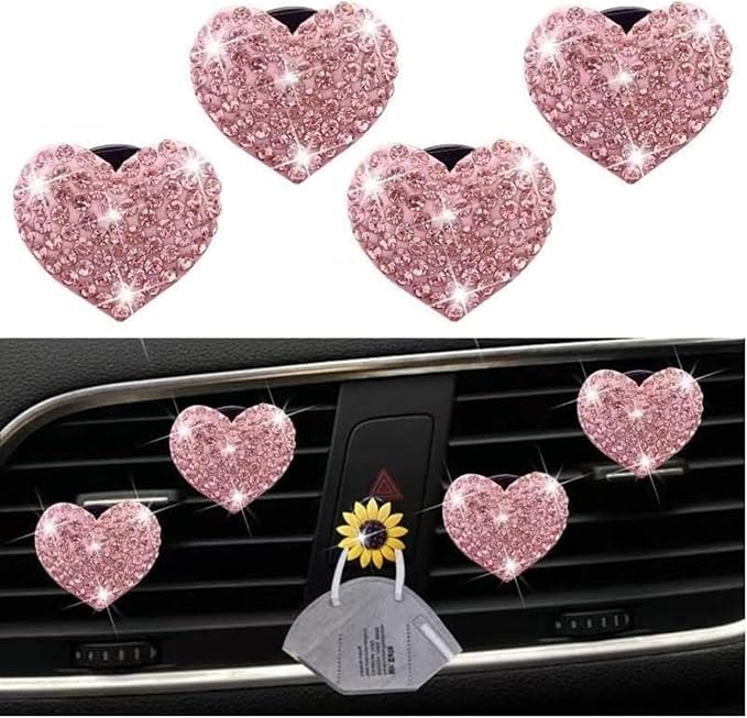 5Pcs Pink Bling Heart Air Vent Clips, Crystal Heart Car Air Fresheners Vent Clips Car Diffuser Vent Clip Rhinestone Car Decoration Car Interior Decor Cute Car Accessories,Interior Accessories
