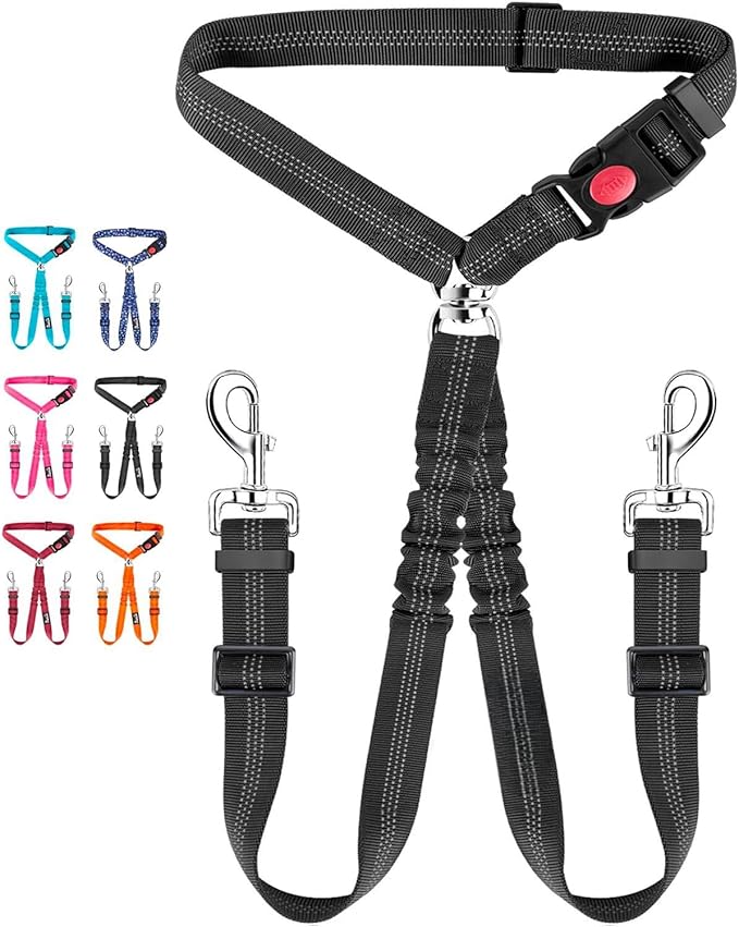 Removable Dog Seat Belt Harness for Car, 3 in 1 Pet Car Seatbelt Leash, Retractable Restraint Secures to Vehicle Headrest & Adjustable Reflective Dog Seatbelt Tether (Black, Size 2)