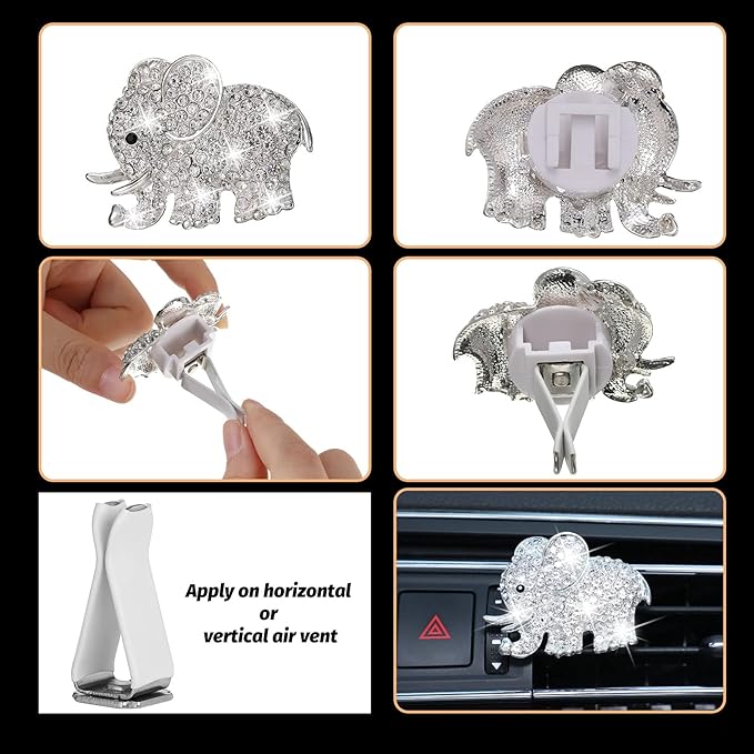 Frienda Bling Car Accessories Rhinestone Elephant Freshener Car Decor for Women Bling Diamond Vent Clip Air Rhinestone Outlet Vent Interior Decoration(Silver)