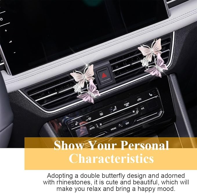 2PCS Car Air Fresheners Vent Clips, Butterfly Car Accessories, Sparkly Bling Dual Butterfly Auto Air Vent Clips, Automotive Cute Air Conditioning Outlet Decoration Universal for Women Girl