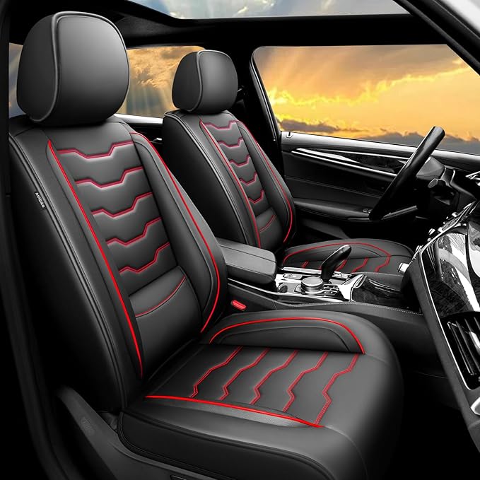 Fit Sentra Car Seat Covers Compatible with Nissan Sentra 2001-2025 2026 - Full Set Premium Leather， Waterproof Breathable， All-Weather Seat Cushion Protecto&Airbag Compatible（Red Line Black