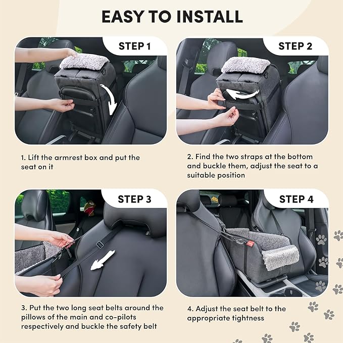 BurgeonNest Center Console Small Dog Car Seat - Portable Pet Cat Puppy Booster Armrest Carseat Up to 11lbs, Anti-Collapse Comfort Car Travel with Washable Fluffy Cushion and Pillow, Grey